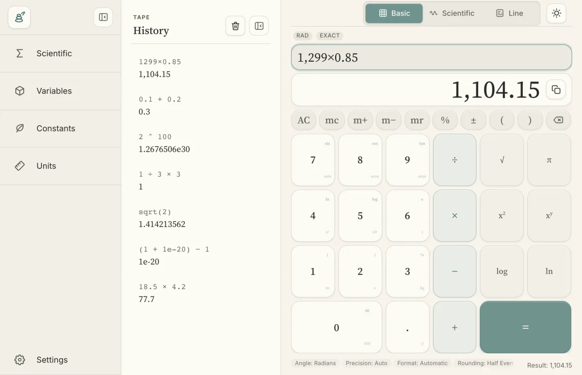 CalcZen calculator and calculation tape using synthetic demo calculations.