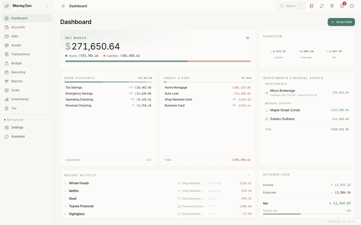Preview: MoneyZen dashboard populated with synthetic financial data.